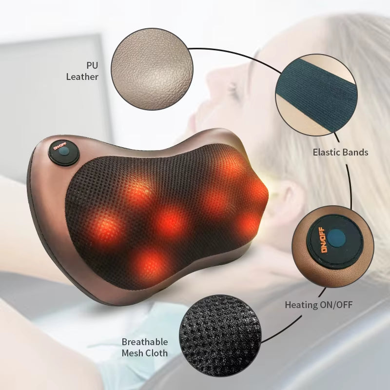 Shiatsu Head & Neck Massage Pillow – Deep Kneading with Heat for Neck, Back & Full Body Relief
