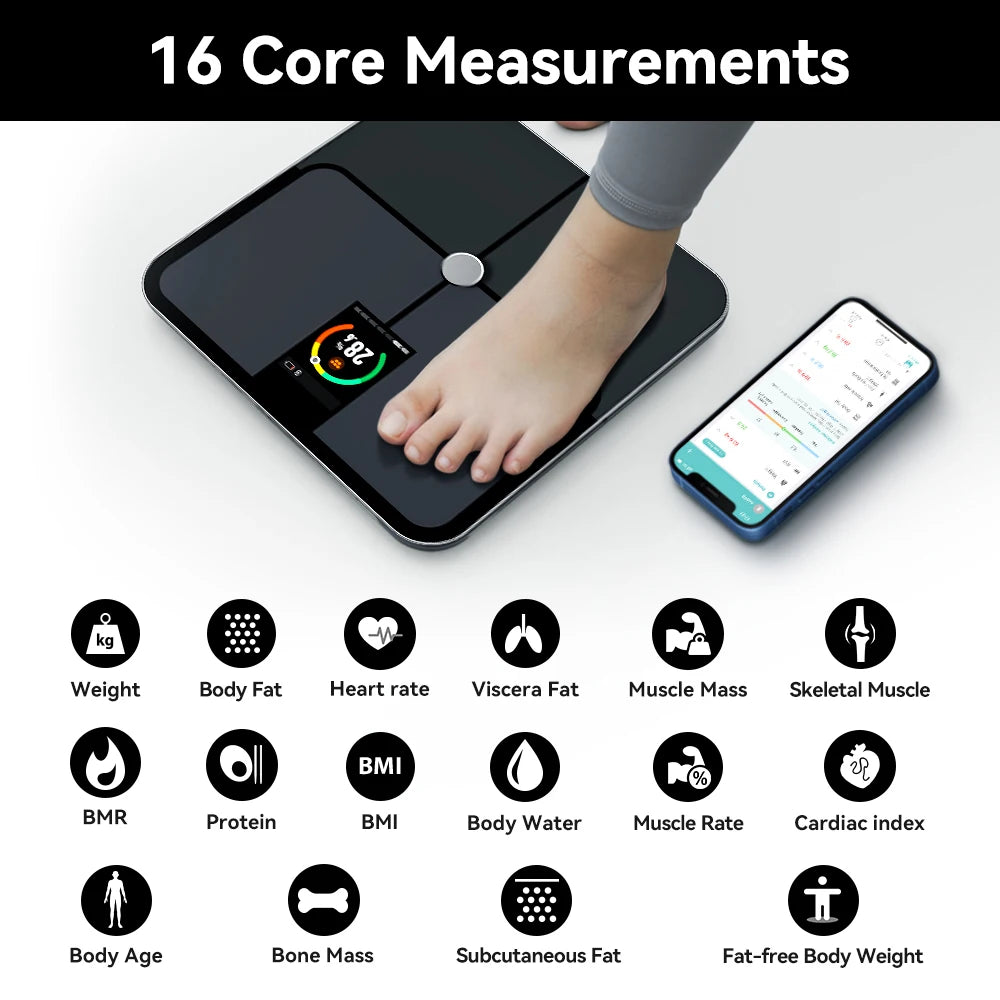 Smart Digital Body Fat Scale – Full Body Composition Analyzer with TFT Color Display & Heart Rate Function